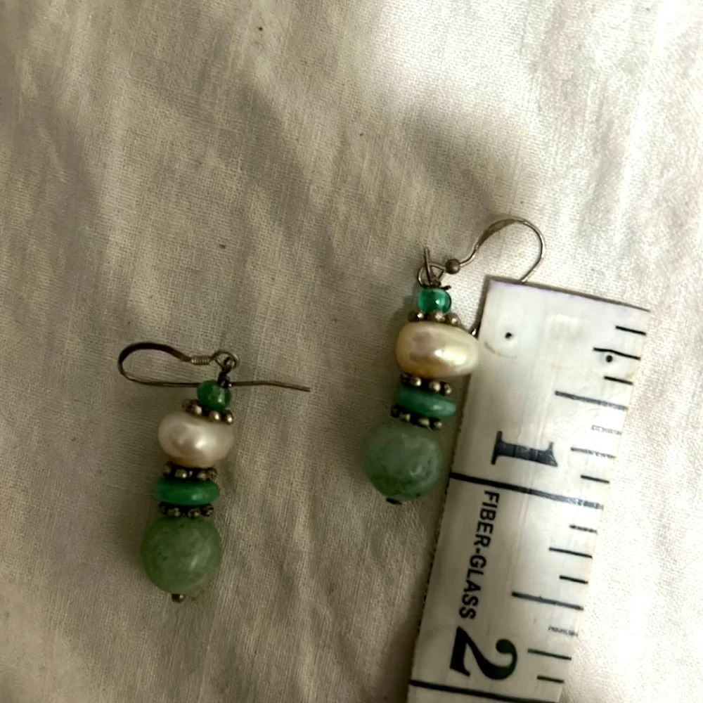Vtg Jade,Silver, Crystal and Pearl Wire Earrings Sterling Silver. 60’s.